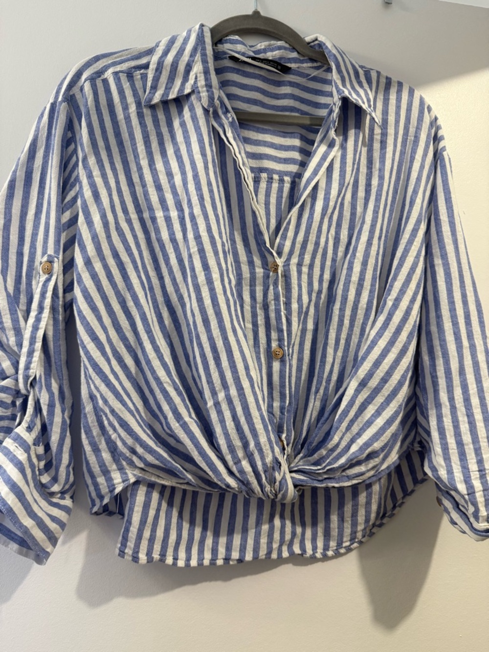 Zara Blue and White Striped Long Sleeve Button-Front Top